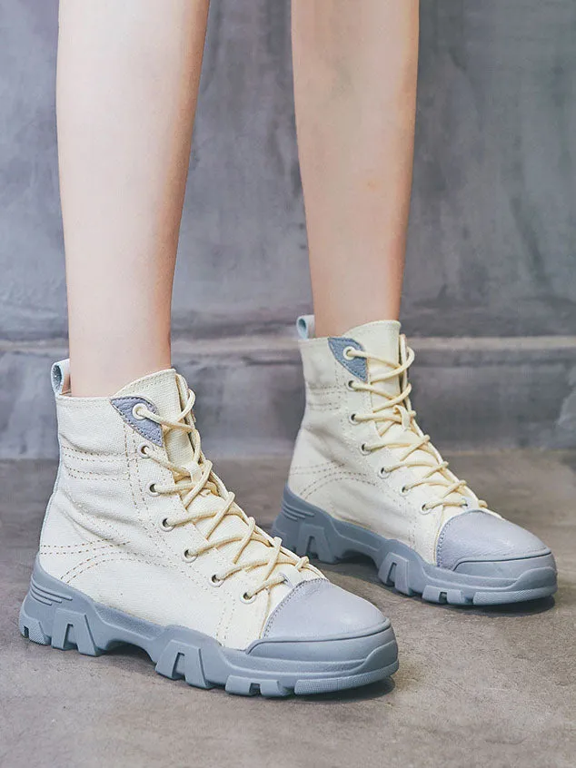 Booties Female Autumn Martin Boots British Style Students Flat Leather Canvas Wild Single Boots