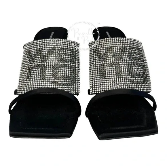 BRAND NEW! Alexander Wang Julie High Heel Slides Rhinestone Logo Heels Square 38.5