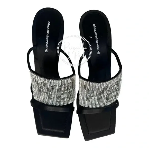 BRAND NEW! Alexander Wang Julie High Heel Slides Rhinestone Logo Heels Square 38.5
