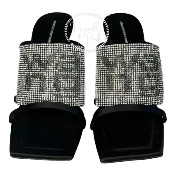 BRAND NEW! Alexander Wang Julie High Heel Slides Rhinestone Logo Heels Square 38.5