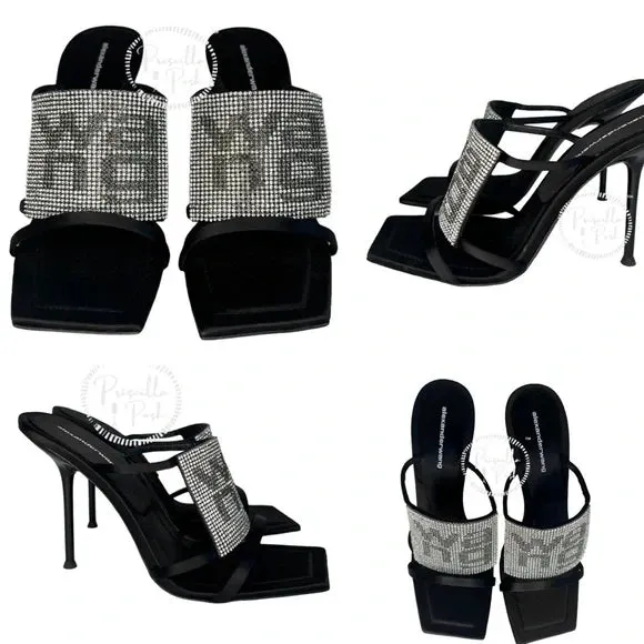 BRAND NEW! Alexander Wang Julie High Heel Slides Rhinestone Logo Heels Square 38.5