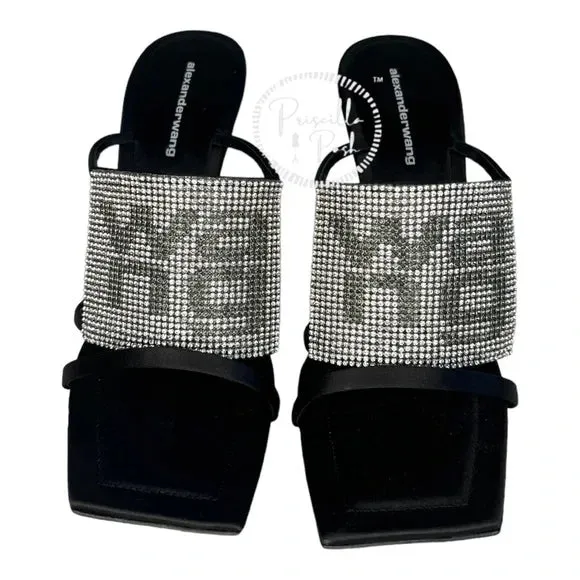 BRAND NEW! Alexander Wang Julie High Heel Slides Rhinestone Logo Heels Square 38.5