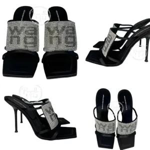 BRAND NEW! Alexander Wang Julie High Heel Slides Rhinestone Logo Heels Square 38.5