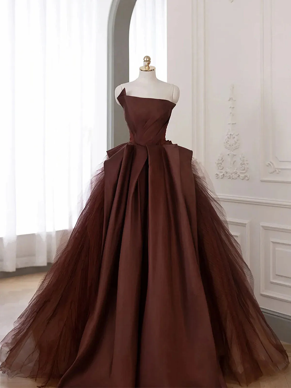 Brown Satin Tulle Long Prom Dress, Satin Ball Gown Formal Dress