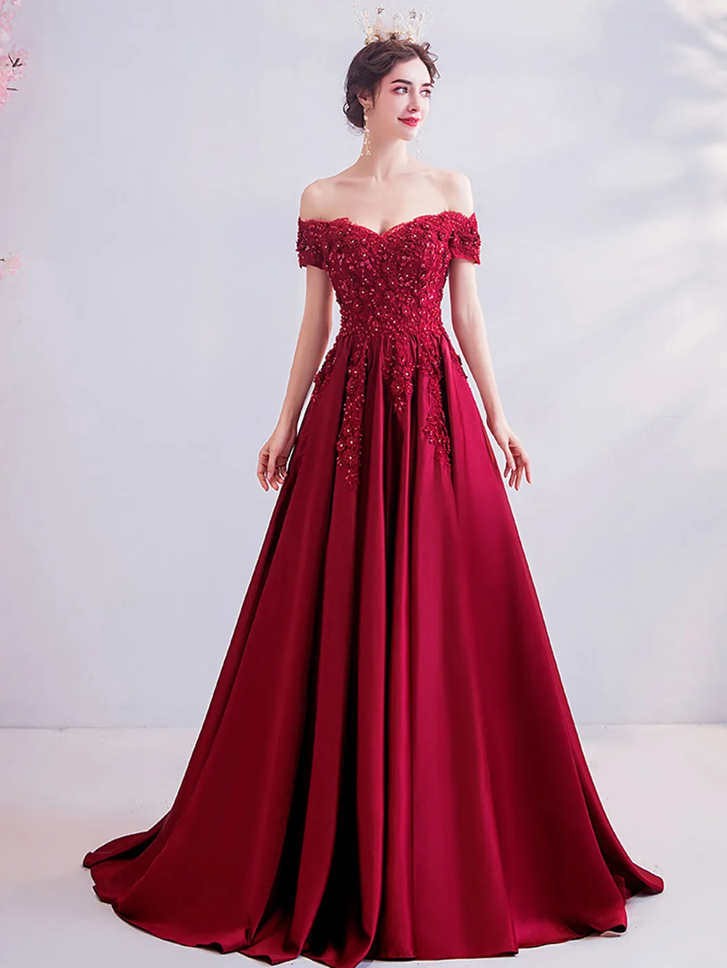 Burgundy A-Line Satin Lace Long Prom Dresses, Burgundy Evening Dresses
