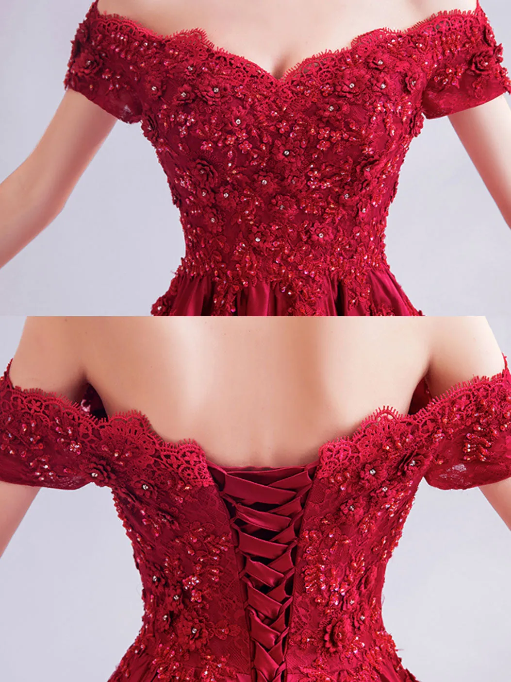 Burgundy A-Line Satin Lace Long Prom Dresses, Burgundy Evening Dresses