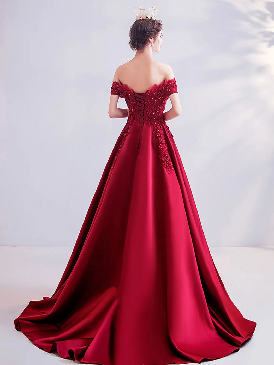 Burgundy A-Line Satin Lace Long Prom Dresses, Burgundy Evening Dresses