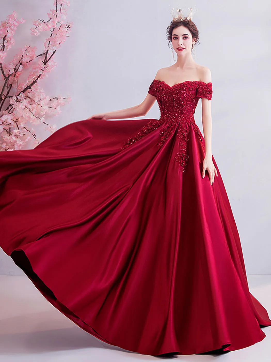 Burgundy A-Line Satin Lace Long Prom Dresses, Burgundy Evening Dresses