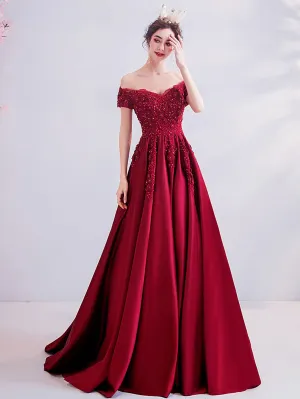 Burgundy A-Line Satin Lace Long Prom Dresses, Burgundy Evening Dresses