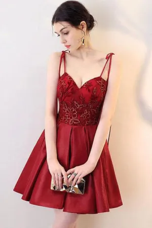 Burgundy V Neck A Line Satin Straps Short Homecoming Dress OKC30