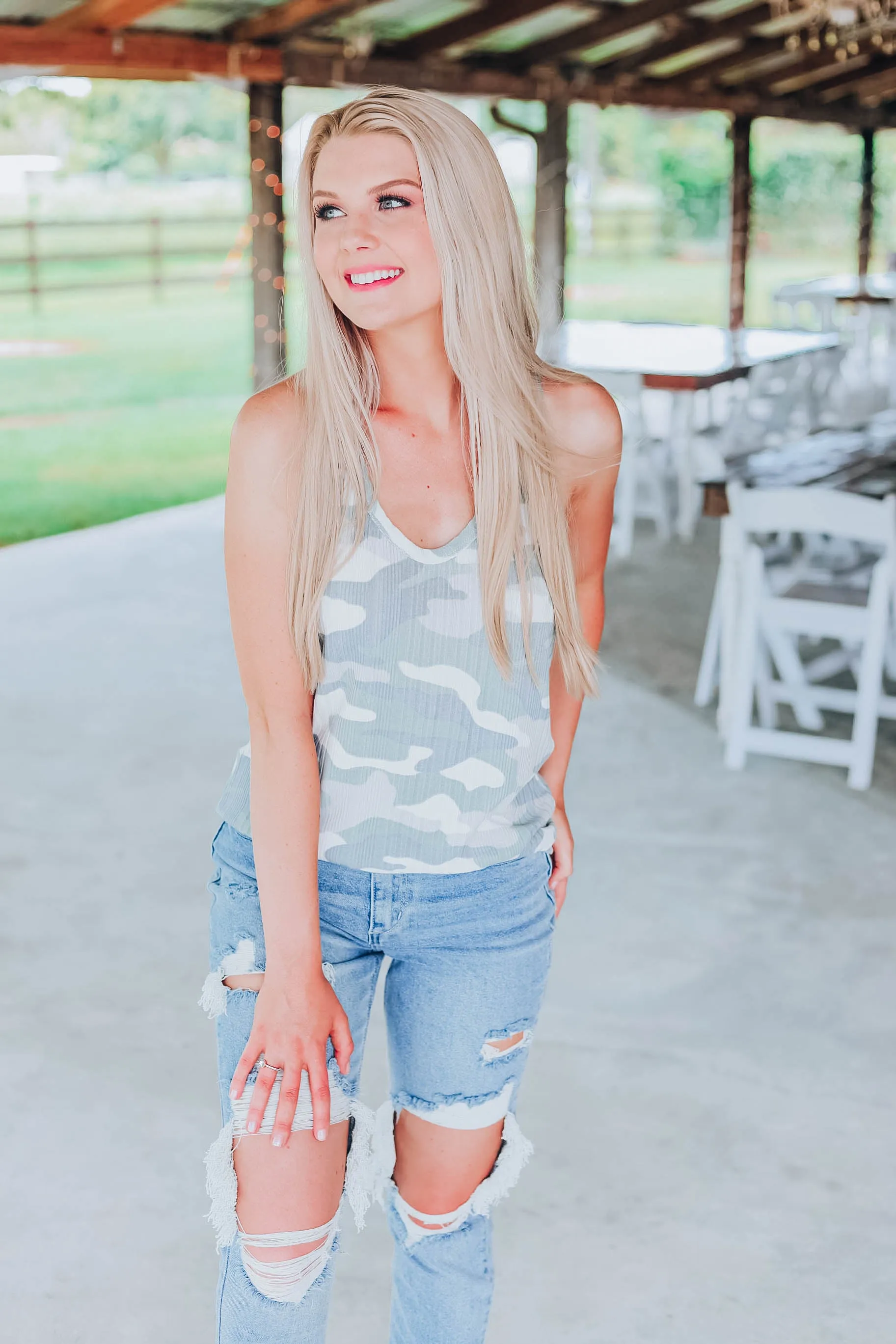 Camo Racer Back Tank - Ivory/Grey