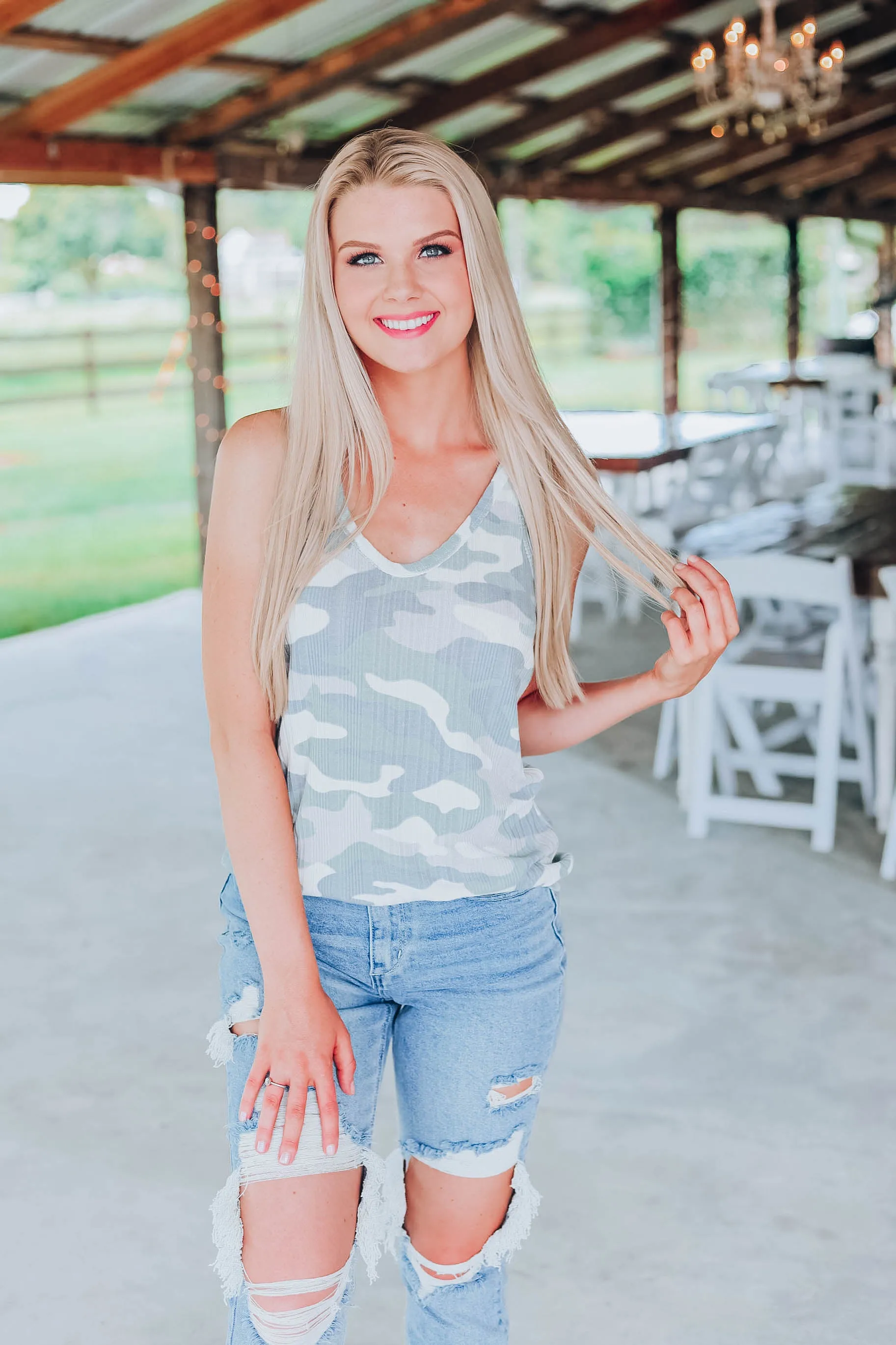 Camo Racer Back Tank - Ivory/Grey