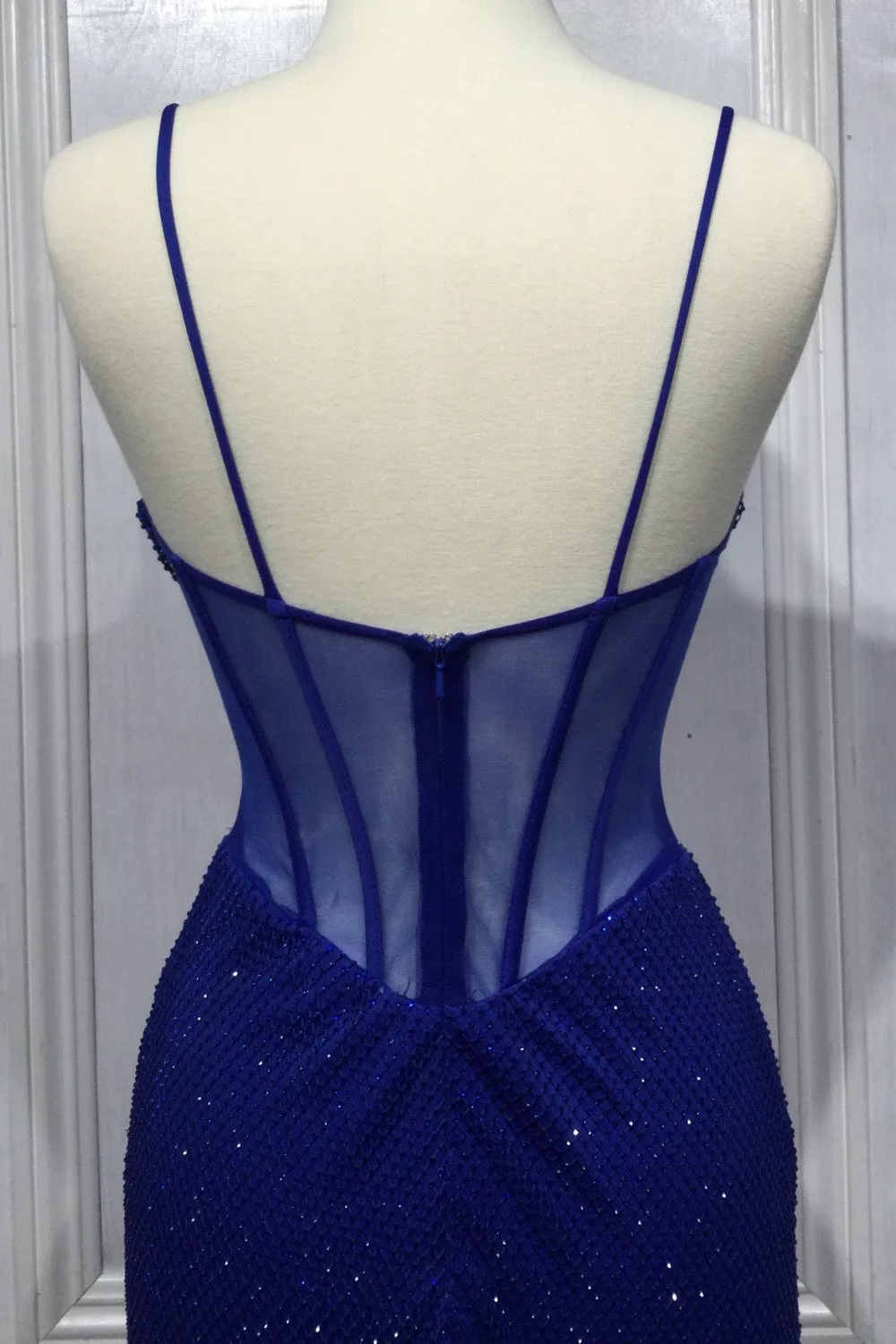 CD CD267 - Rhinestone Embellished Mesh Fit & Flare Prom Gown with Sheer Cowl Neck Boned Bodice & Leg Slit