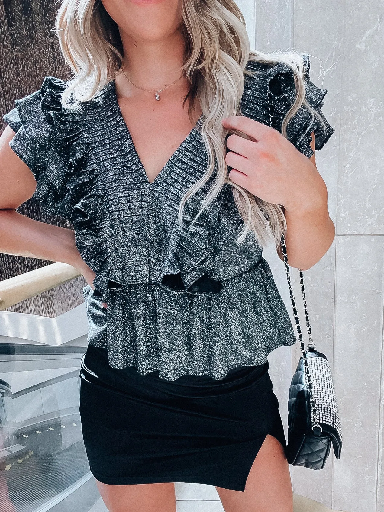 Celine Metallic Ruffle Sleeve Top - Black