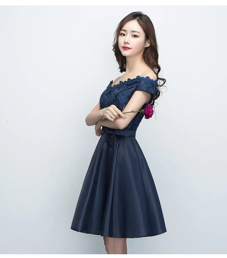 Charming Satin Navy Blue Homecoming Dress , Short Formal Dress