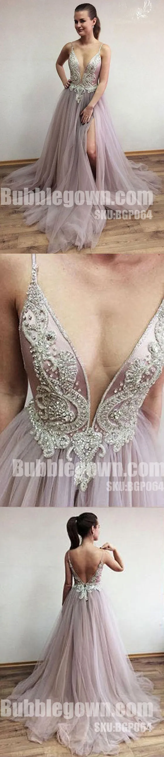 Charming V Neck Side Split Tulle V Back Affordable Long Prom Dress, BGP064