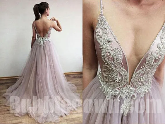 Charming V Neck Side Split Tulle V Back Affordable Long Prom Dress, BGP064