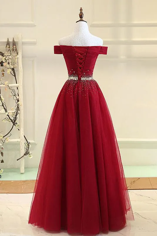 Cheap A Line Off-the-shoulder Floor-length Sleeveless Long Burgundy Tulle Prom Dress Evening Dress OHC124
