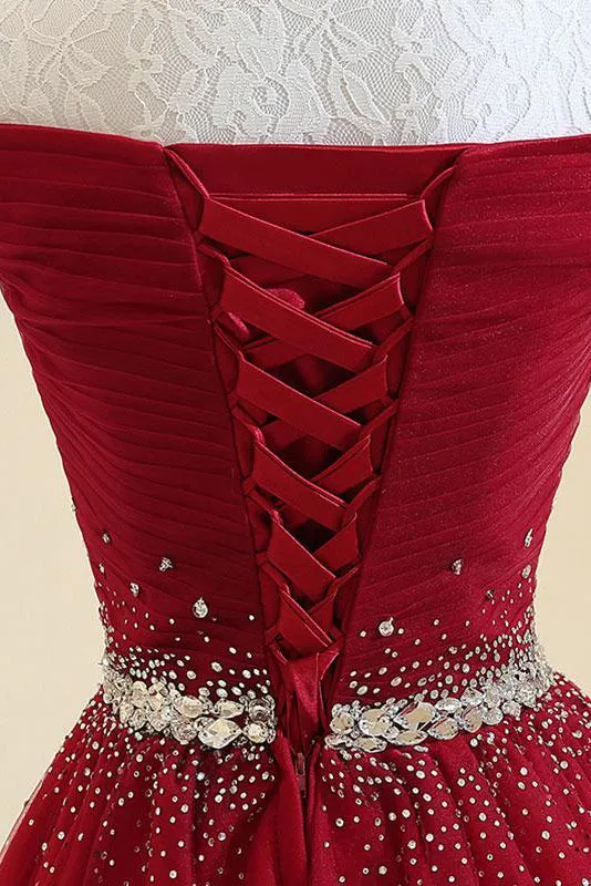 Cheap A Line Off-the-shoulder Floor-length Sleeveless Long Burgundy Tulle Prom Dress Evening Dress OHC124