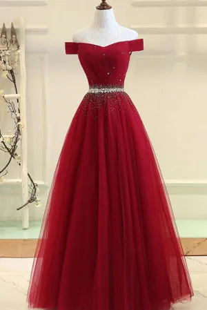 Cheap A Line Off-the-shoulder Floor-length Sleeveless Long Burgundy Tulle Prom Dress Evening Dress OHC124