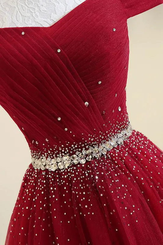 Cheap A Line Off-the-shoulder Floor-length Sleeveless Long Burgundy Tulle Prom Dress Evening Dress OHC124