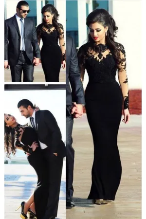 Cheap Black Illusion Appliques Sheath Long Sleeves Long Prom Dress OK730