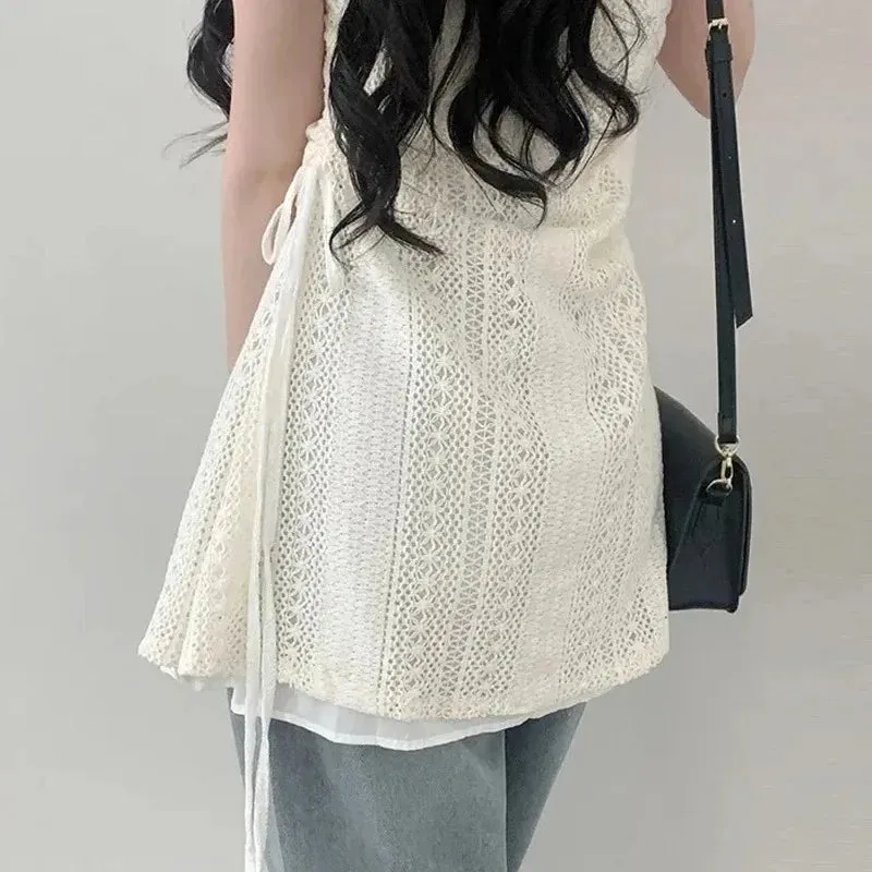 Chic French Lace Stitching Sling Shirt Stacked Gauze Knitted Dress