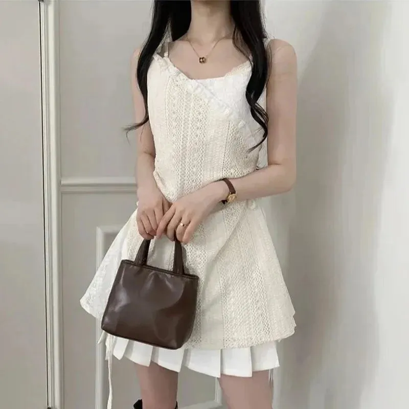 Chic French Lace Stitching Sling Shirt Stacked Gauze Knitted Dress