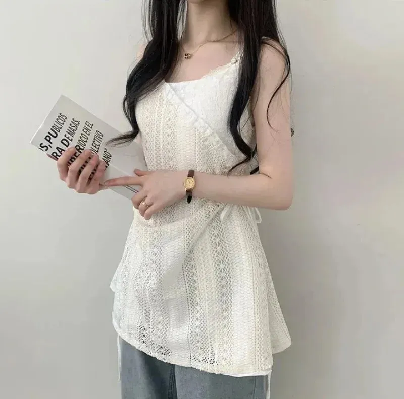 Chic French Lace Stitching Sling Shirt Stacked Gauze Knitted Dress