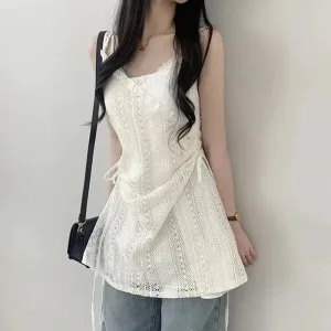 Chic French Lace Stitching Sling Shirt Stacked Gauze Knitted Dress