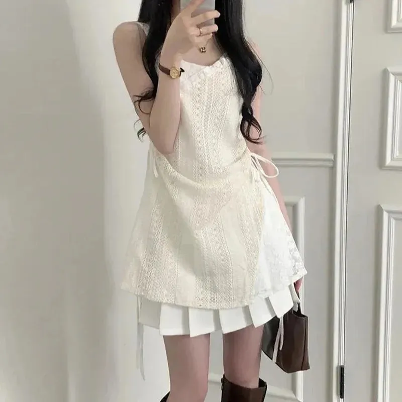 Chic French Lace Stitching Sling Shirt Stacked Gauze Knitted Dress
