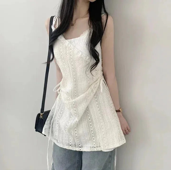 Chic French Lace Stitching Sling Shirt Stacked Gauze Knitted Dress