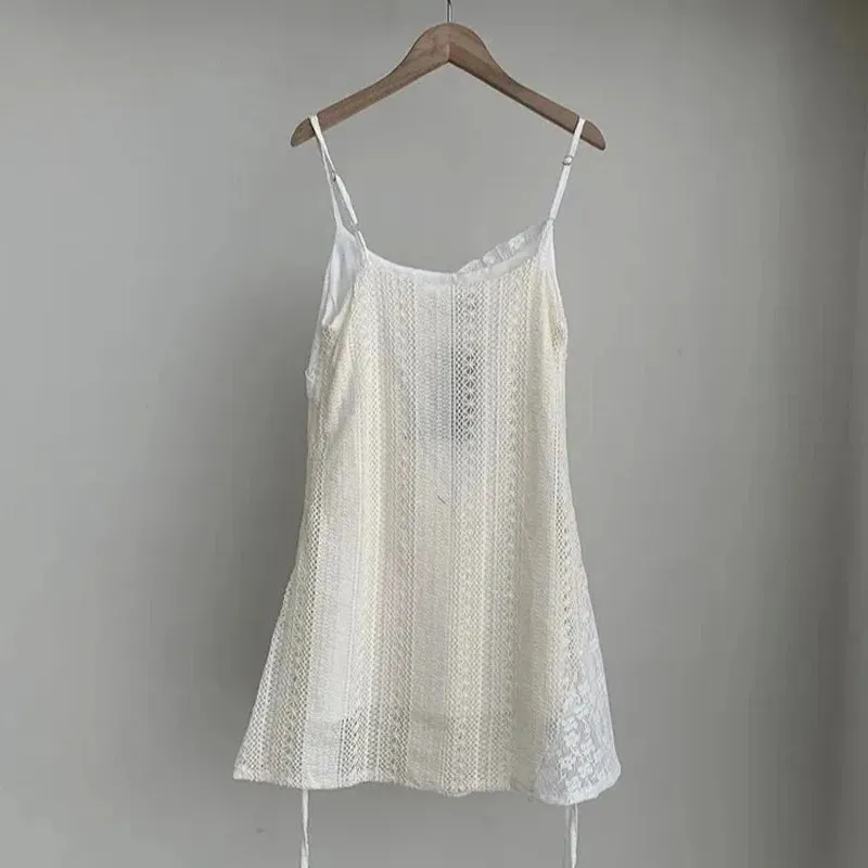 Chic French Lace Stitching Sling Shirt Stacked Gauze Knitted Dress