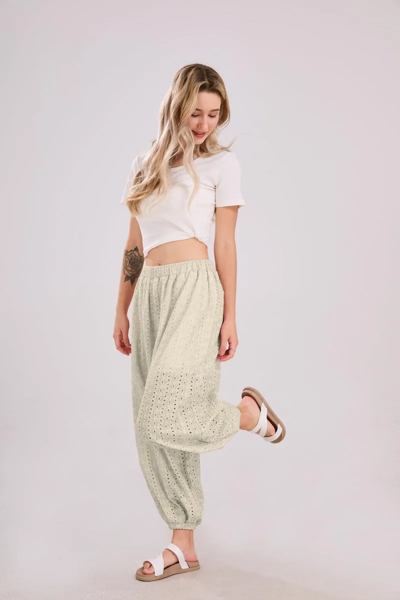 Chouyatou Womens Eyelet Lace Beach Palazzo Harem Pants Casual Loose Embroidery High Waist Cotton Trousers with Pockets
