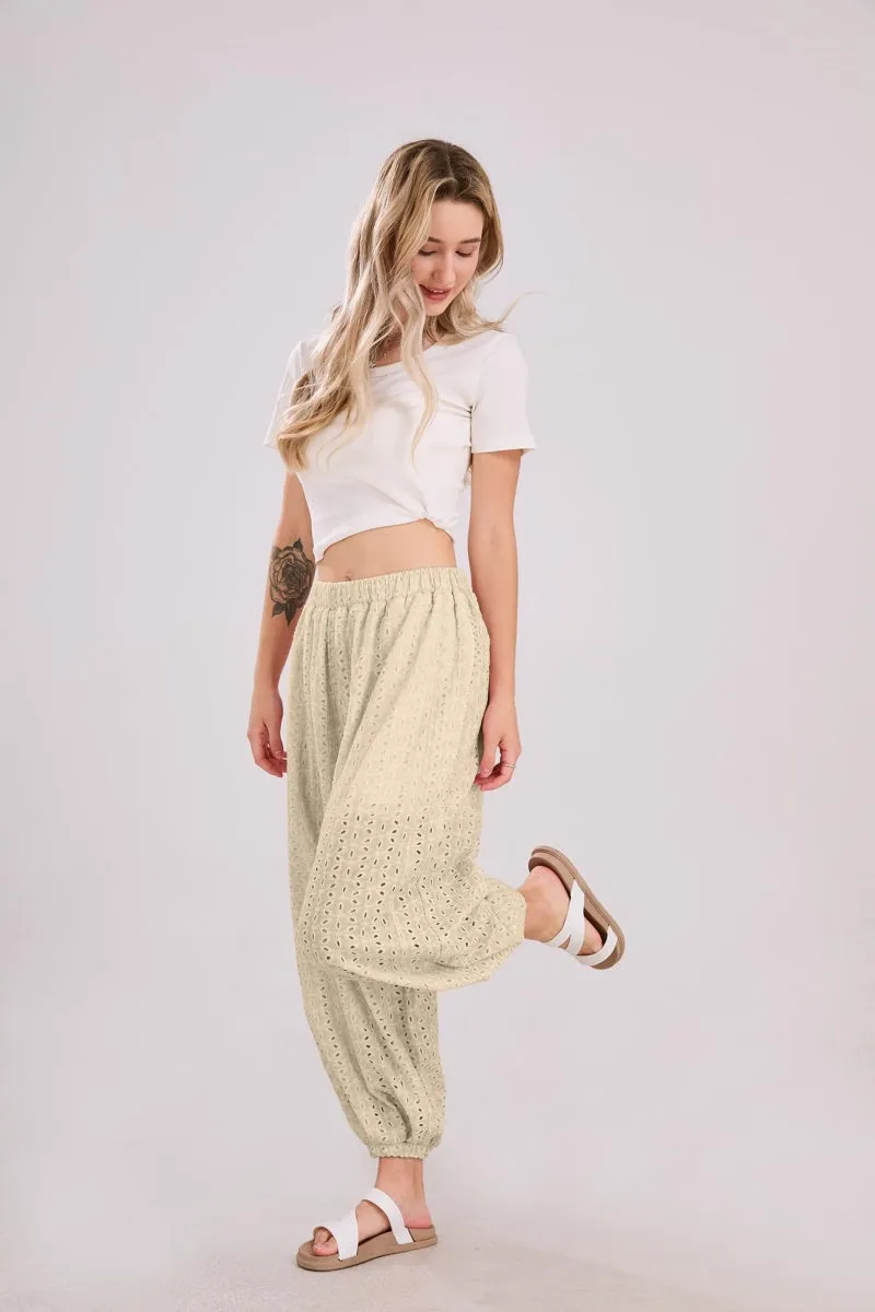 Chouyatou Womens Eyelet Lace Beach Palazzo Harem Pants Casual Loose Embroidery High Waist Cotton Trousers with Pockets