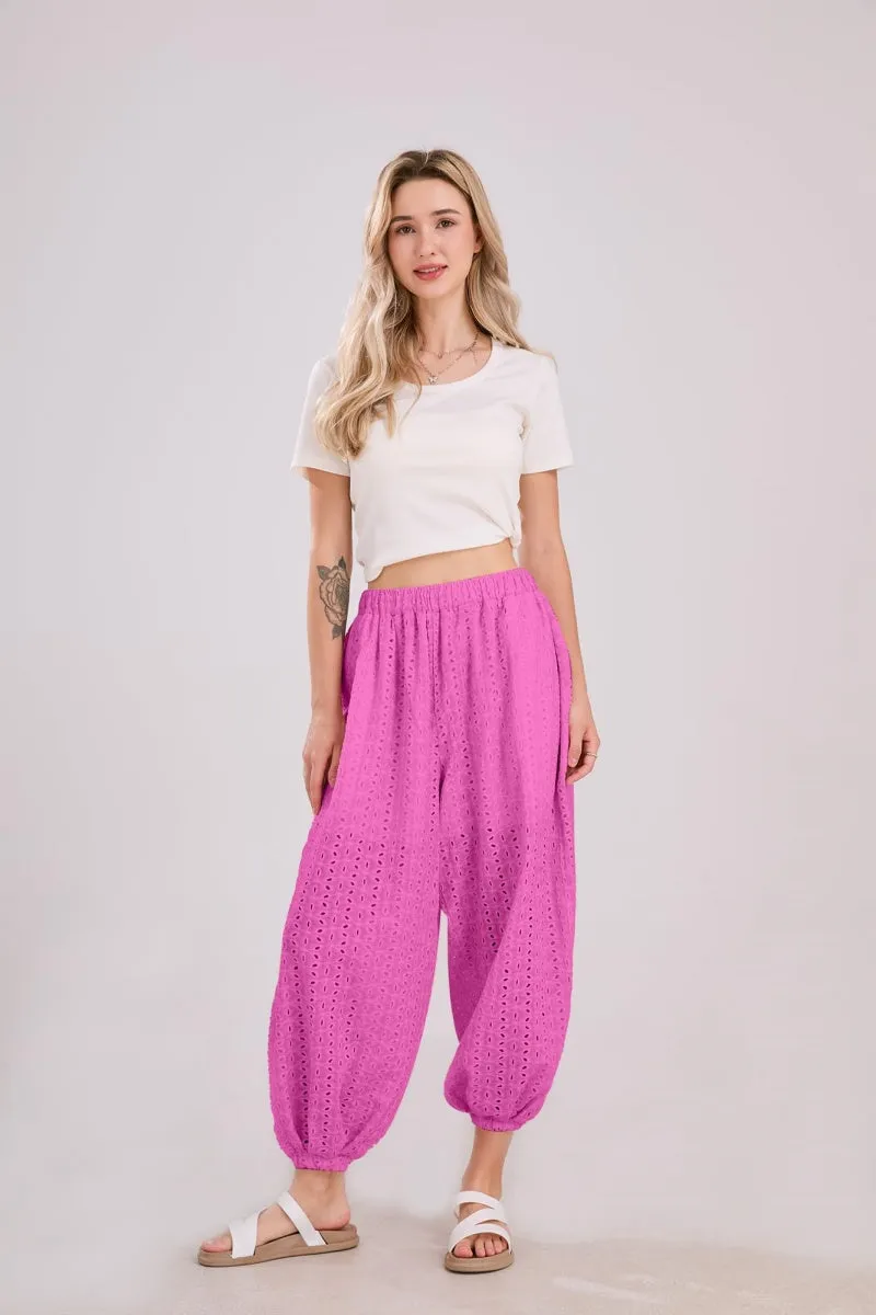 Chouyatou Womens Eyelet Lace Beach Palazzo Harem Pants Casual Loose Embroidery High Waist Cotton Trousers with Pockets