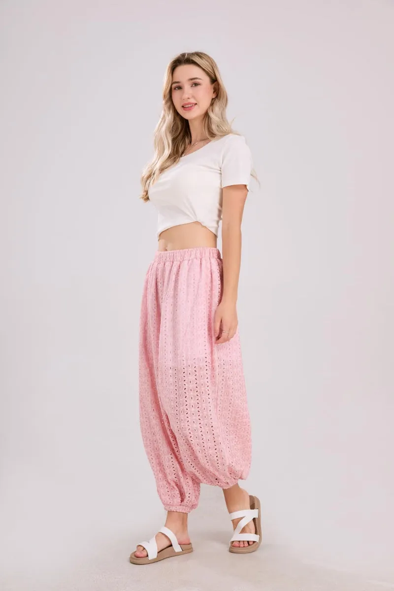 Chouyatou Womens Eyelet Lace Beach Palazzo Harem Pants Casual Loose Embroidery High Waist Cotton Trousers with Pockets