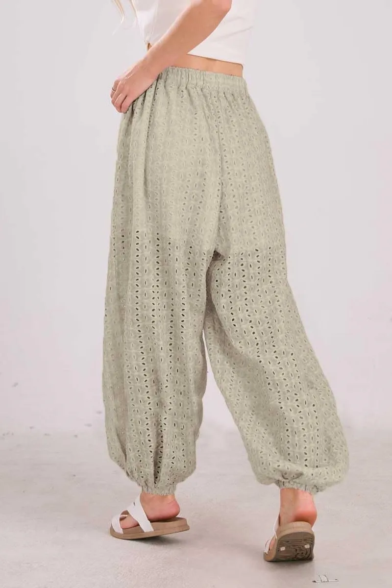 Chouyatou Womens Eyelet Lace Beach Palazzo Harem Pants Casual Loose Embroidery High Waist Cotton Trousers with Pockets