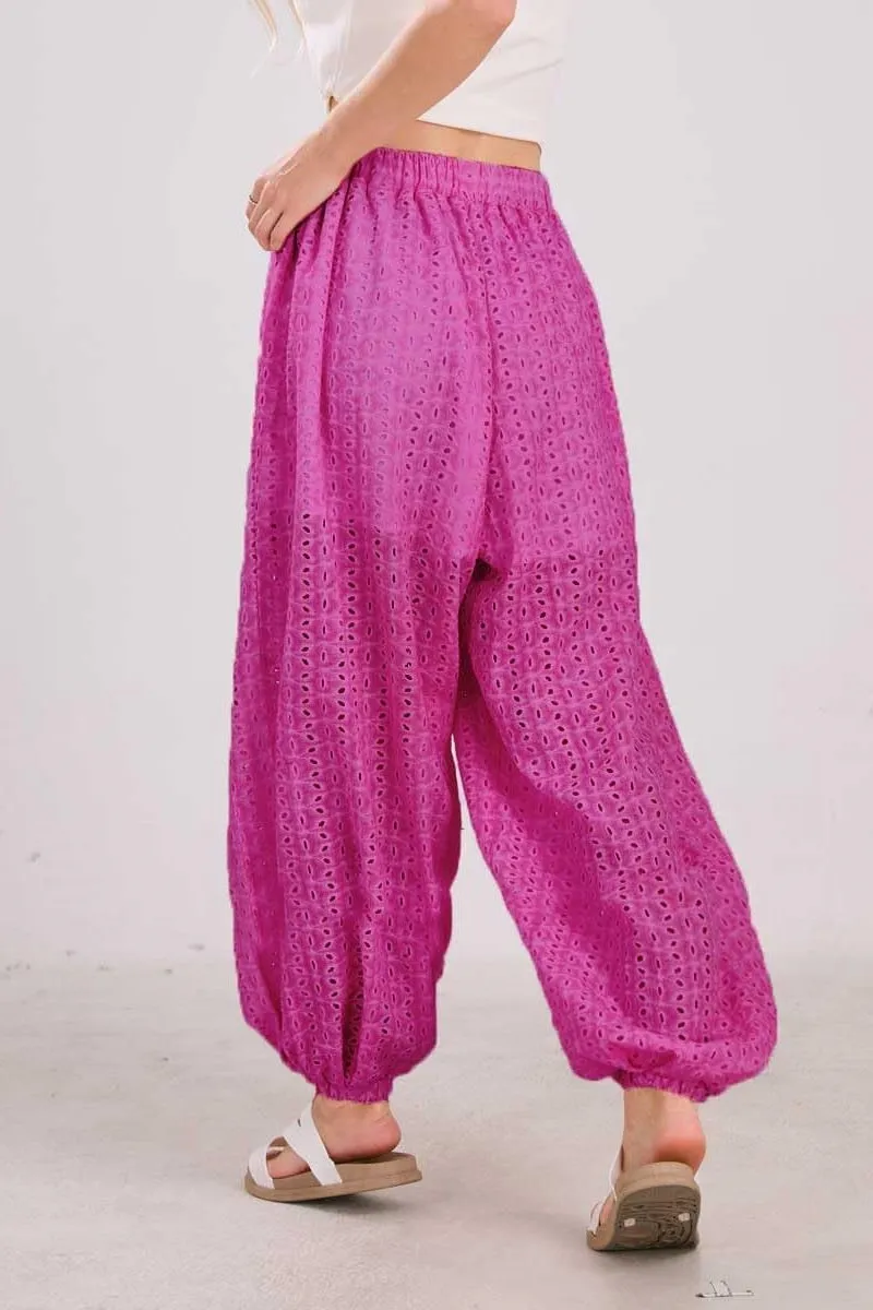 Chouyatou Womens Eyelet Lace Beach Palazzo Harem Pants Casual Loose Embroidery High Waist Cotton Trousers with Pockets