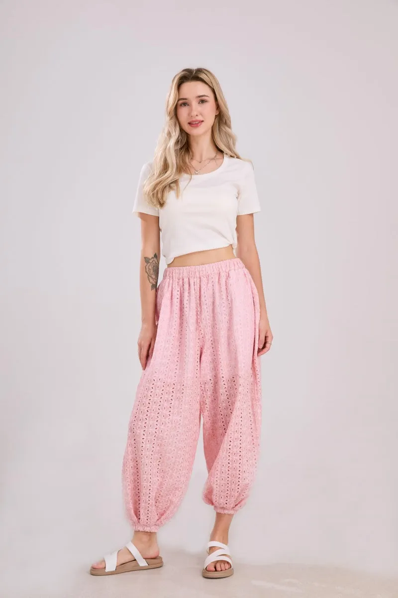 Chouyatou Womens Eyelet Lace Beach Palazzo Harem Pants Casual Loose Embroidery High Waist Cotton Trousers with Pockets
