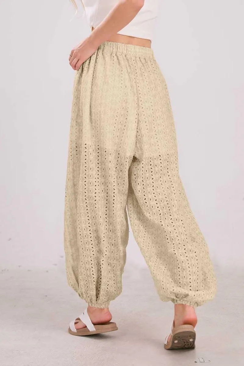 Chouyatou Womens Eyelet Lace Beach Palazzo Harem Pants Casual Loose Embroidery High Waist Cotton Trousers with Pockets
