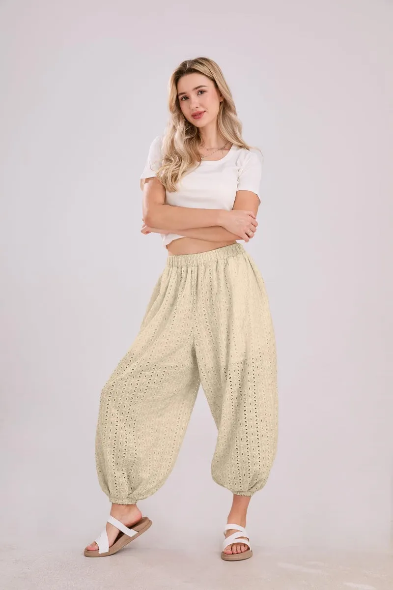 Chouyatou Womens Eyelet Lace Beach Palazzo Harem Pants Casual Loose Embroidery High Waist Cotton Trousers with Pockets