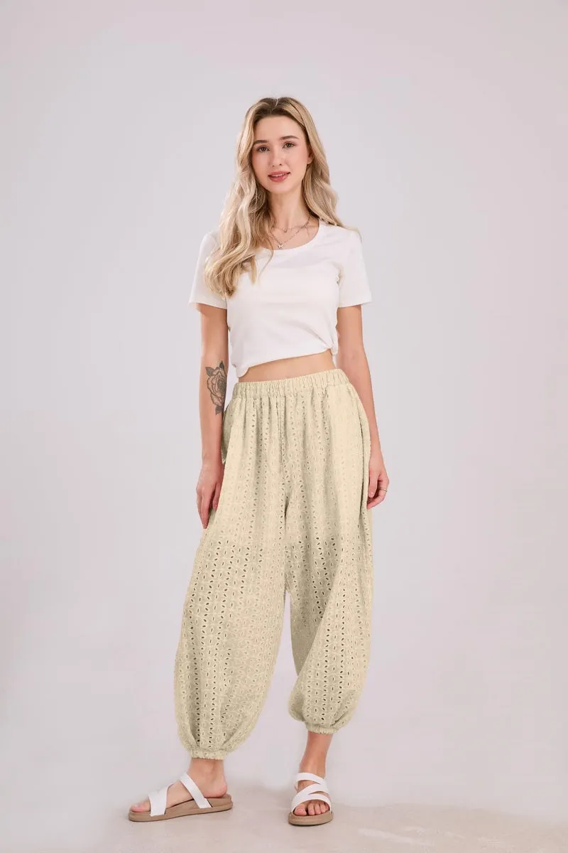 Chouyatou Womens Eyelet Lace Beach Palazzo Harem Pants Casual Loose Embroidery High Waist Cotton Trousers with Pockets