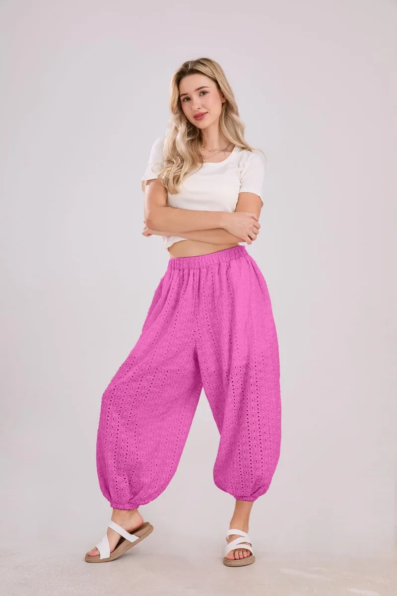 Chouyatou Womens Eyelet Lace Beach Palazzo Harem Pants Casual Loose Embroidery High Waist Cotton Trousers with Pockets