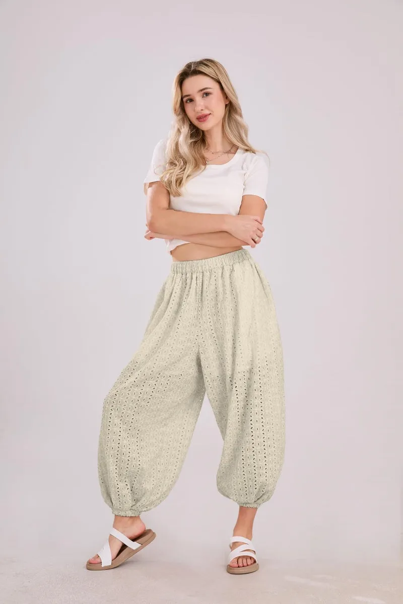 Chouyatou Womens Eyelet Lace Beach Palazzo Harem Pants Casual Loose Embroidery High Waist Cotton Trousers with Pockets
