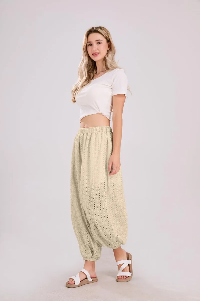 Chouyatou Womens Eyelet Lace Beach Palazzo Harem Pants Casual Loose Embroidery High Waist Cotton Trousers with Pockets