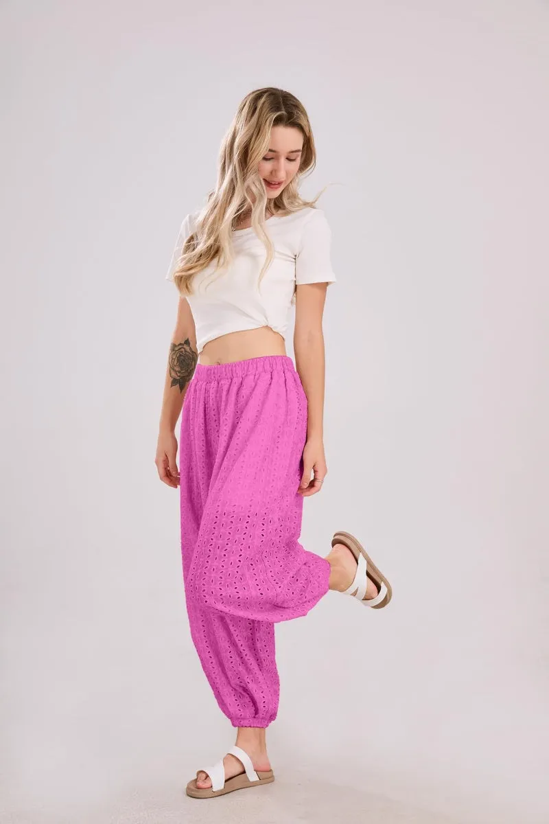Chouyatou Womens Eyelet Lace Beach Palazzo Harem Pants Casual Loose Embroidery High Waist Cotton Trousers with Pockets