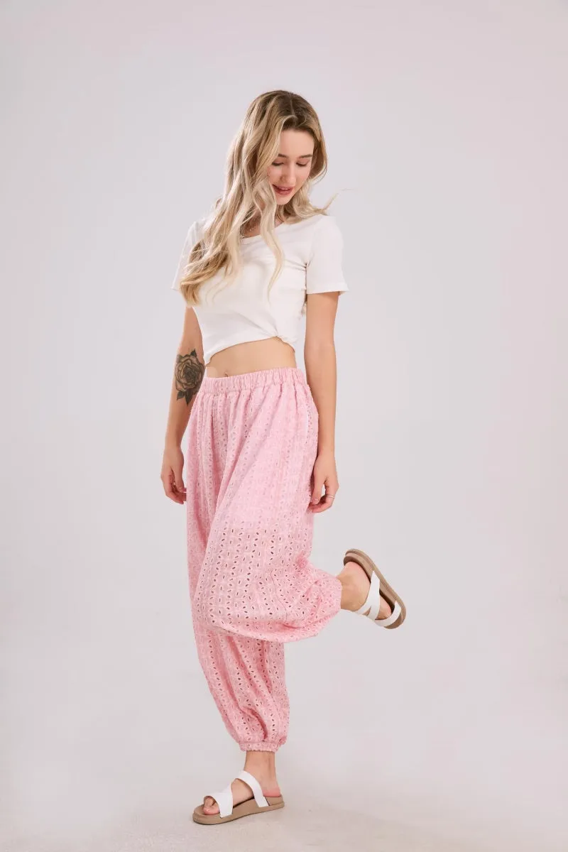 Chouyatou Womens Eyelet Lace Beach Palazzo Harem Pants Casual Loose Embroidery High Waist Cotton Trousers with Pockets