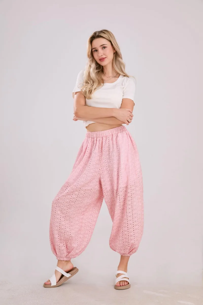 Chouyatou Womens Eyelet Lace Beach Palazzo Harem Pants Casual Loose Embroidery High Waist Cotton Trousers with Pockets