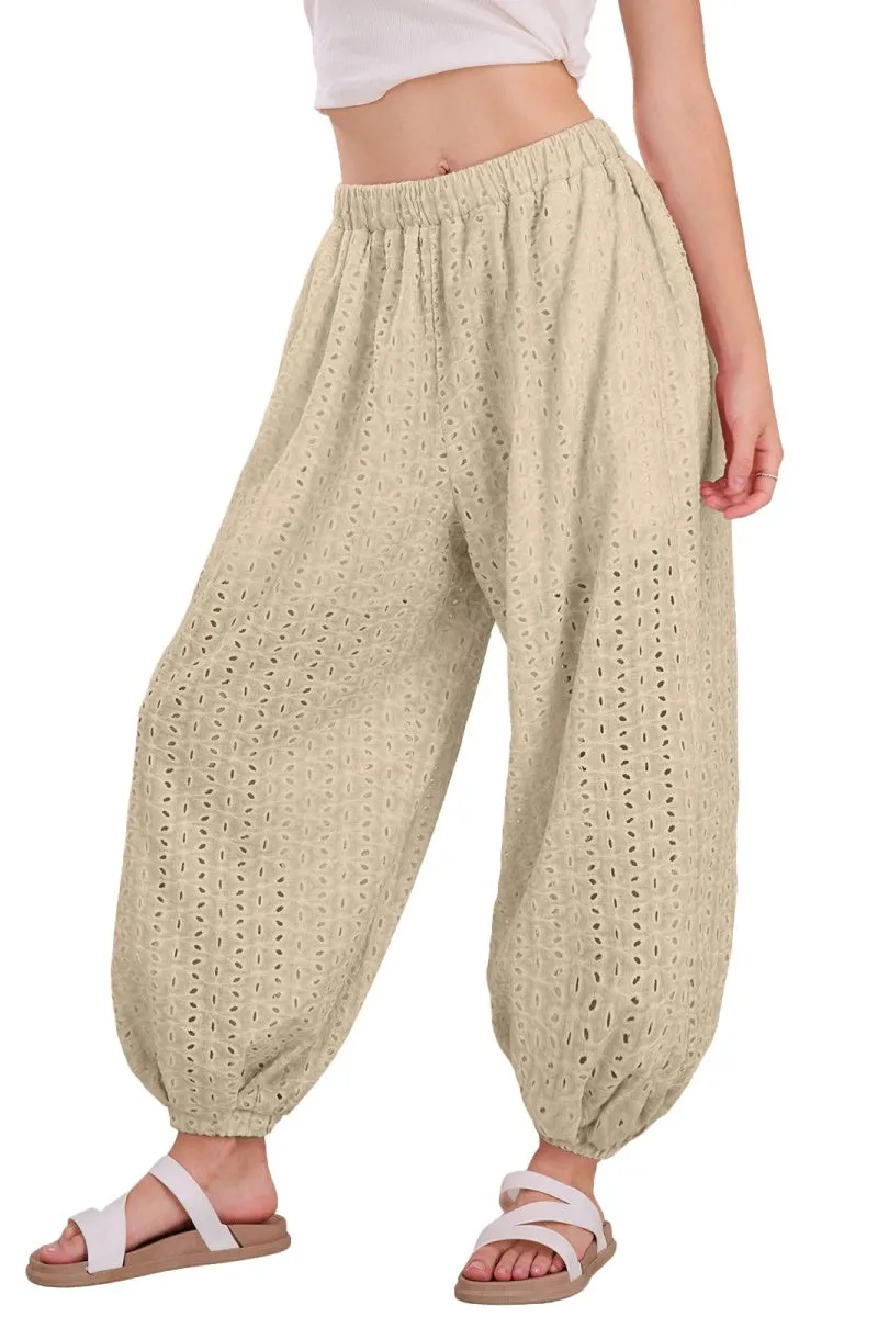 Chouyatou Womens Eyelet Lace Beach Palazzo Harem Pants Casual Loose Embroidery High Waist Cotton Trousers with Pockets